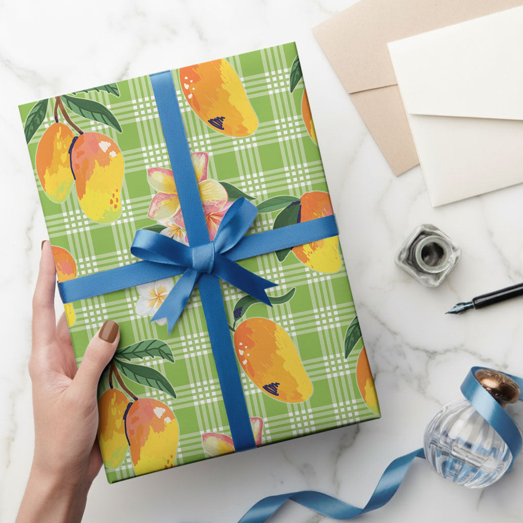 Aloha Hawaii Palaka Print Mango Plumeria Wrapping Paper Cool Mint LT7 - Polynesian Pride