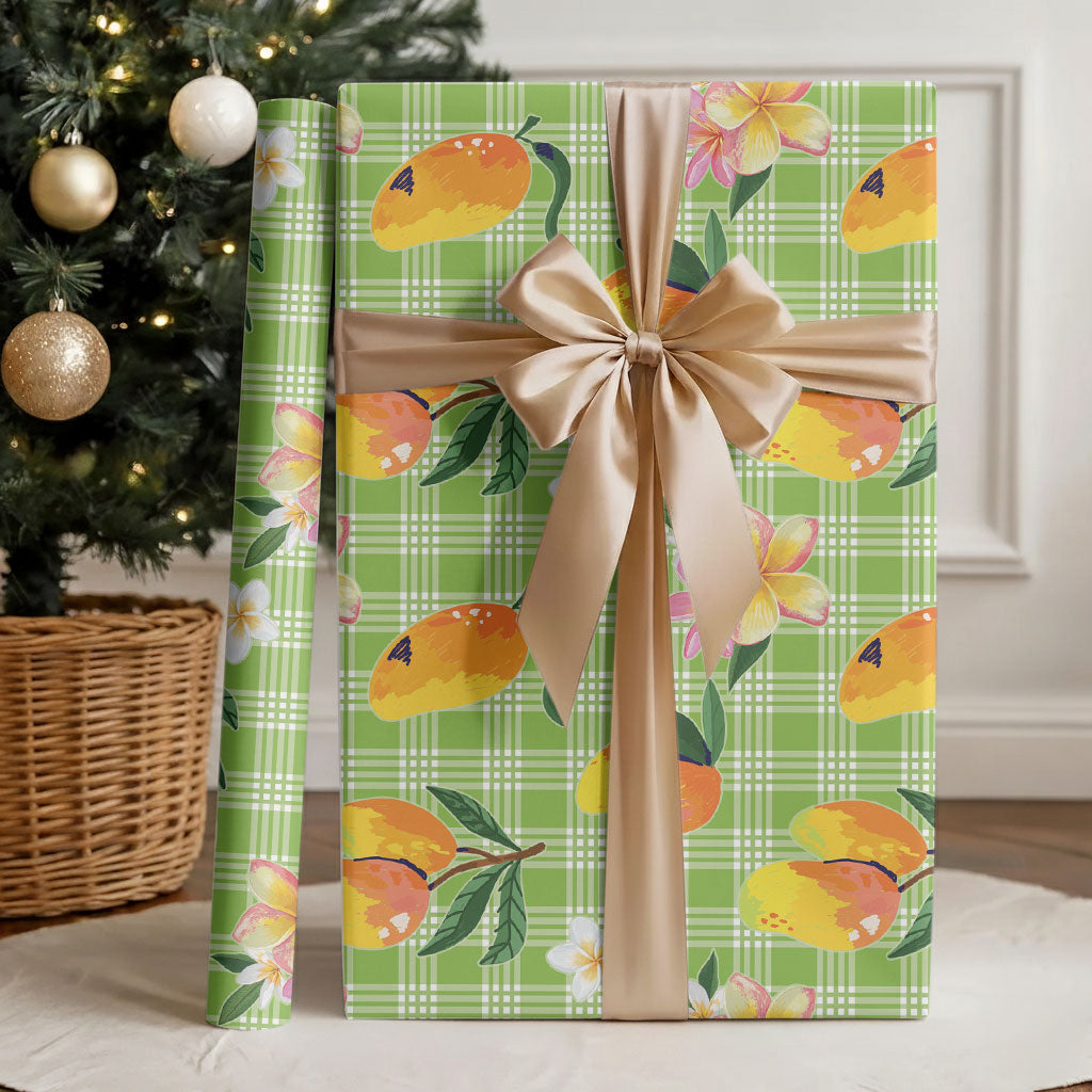 Aloha Hawaii Palaka Print Mango Plumeria Wrapping Paper Cool Mint LT7 - Polynesian Pride