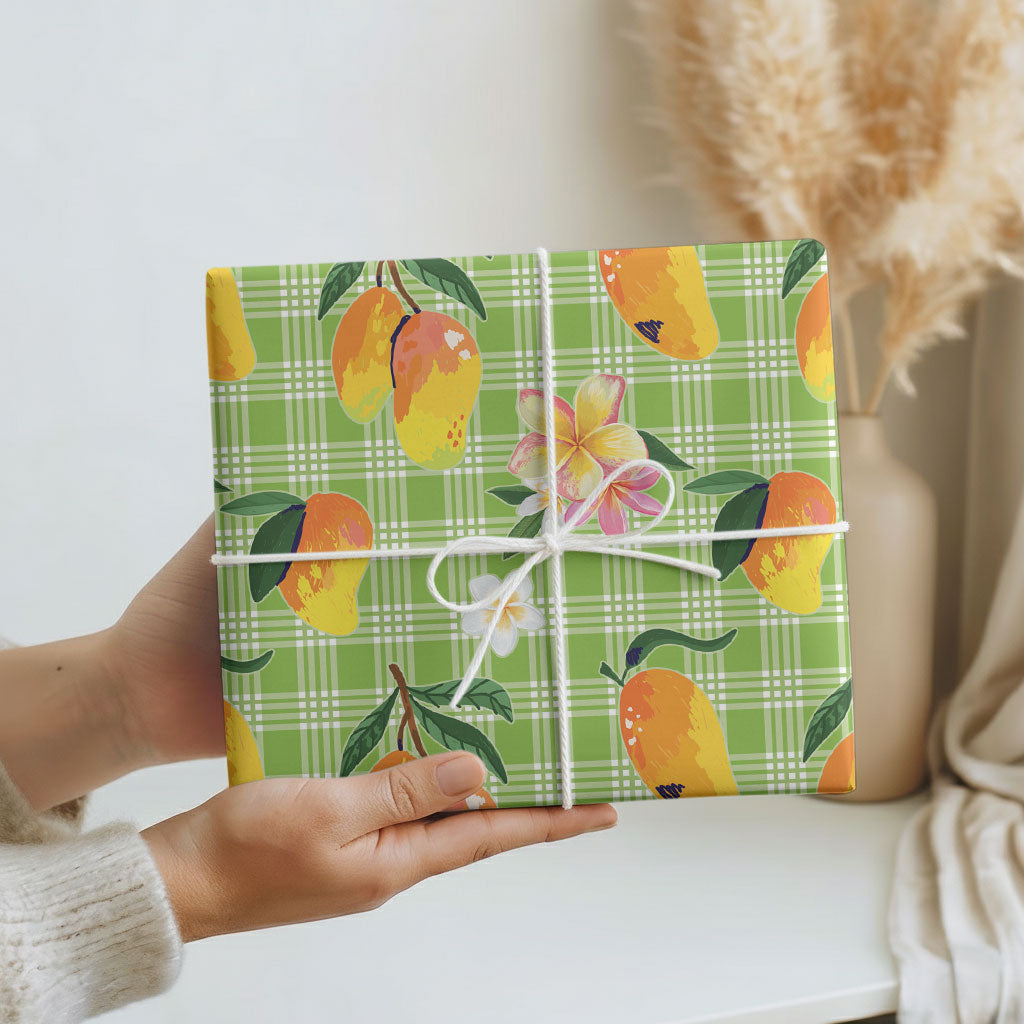Aloha Hawaii Palaka Print Mango Plumeria Wrapping Paper Cool Mint LT7 - Polynesian Pride