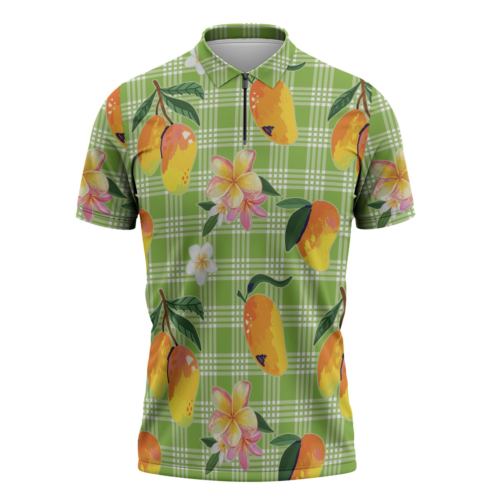 Aloha Hawaii Palaka Print Mango Plumeria Zipper Polo Shirt Cool Mint LT7 Mint - Polynesian Pride