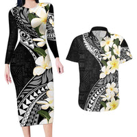 Aloha Hawaii Festive Couples Matching Long Sleeve Bodycon Dress and Hawaiian Shirt Frangipani Lace Classic LT7 Black - Polynesian Pride