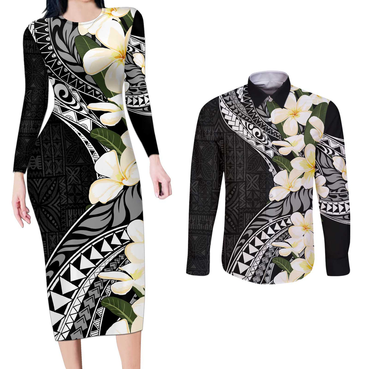 Aloha Hawaii Festive Couples Matching Long Sleeve Bodycon Dress and Long Sleeve Button Shirt Frangipani Lace Classic LT7 Black - Polynesian Pride