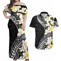 Aloha Hawaii Festive Couples Matching Off Shoulder Maxi Dress and Hawaiian Shirt Frangipani Lace Classic LT7 Black - Polynesian Pride