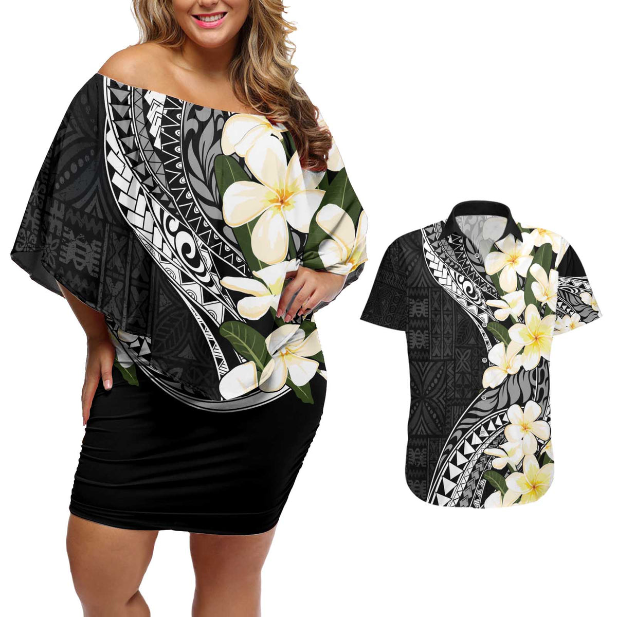 Aloha Hawaii Festive Couples Matching Off Shoulder Short Dress and Hawaiian Shirt Frangipani Lace Classic LT7 Black - Polynesian Pride