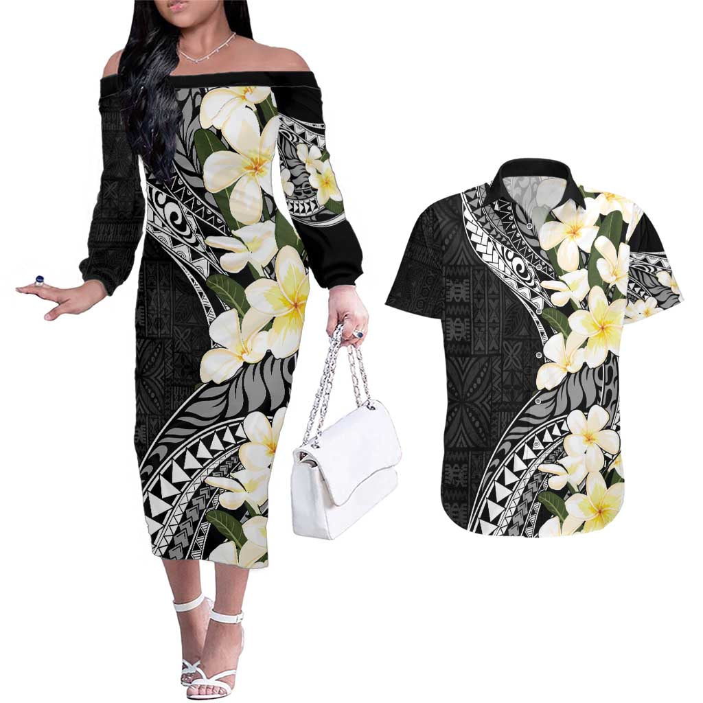 Aloha Hawaii Festive Couples Matching Off The Shoulder Long Sleeve Dress and Hawaiian Shirt Frangipani Lace Classic LT7 Black - Polynesian Pride
