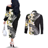 Aloha Hawaii Festive Couples Matching Off The Shoulder Long Sleeve Dress and Long Sleeve Button Shirt Frangipani Lace Classic LT7 - Polynesian Pride