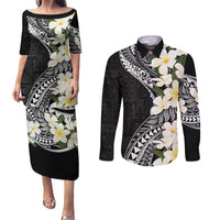 Aloha Hawaii Festive Couples Matching Puletasi and Long Sleeve Button Shirt Frangipani Lace Classic