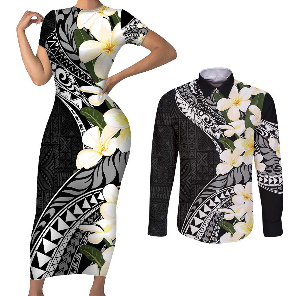 Aloha Hawaii Festive Couples Matching Short Sleeve Bodycon Dress and Long Sleeve Button Shirt Frangipani Lace Classic LT7 Black - Polynesian Pride