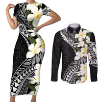 Aloha Hawaii Festive Couples Matching Short Sleeve Bodycon Dress and Long Sleeve Button Shirt Frangipani Lace Classic LT7 Black - Polynesian Pride
