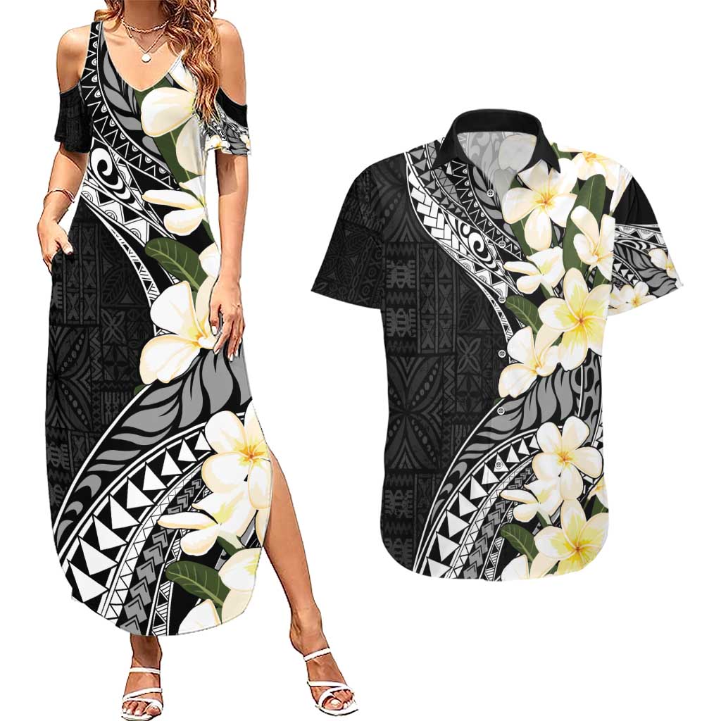 Aloha Hawaii Festive Couples Matching Summer Maxi Dress and Hawaiian Shirt Frangipani Lace Classic LT7 Black - Polynesian Pride