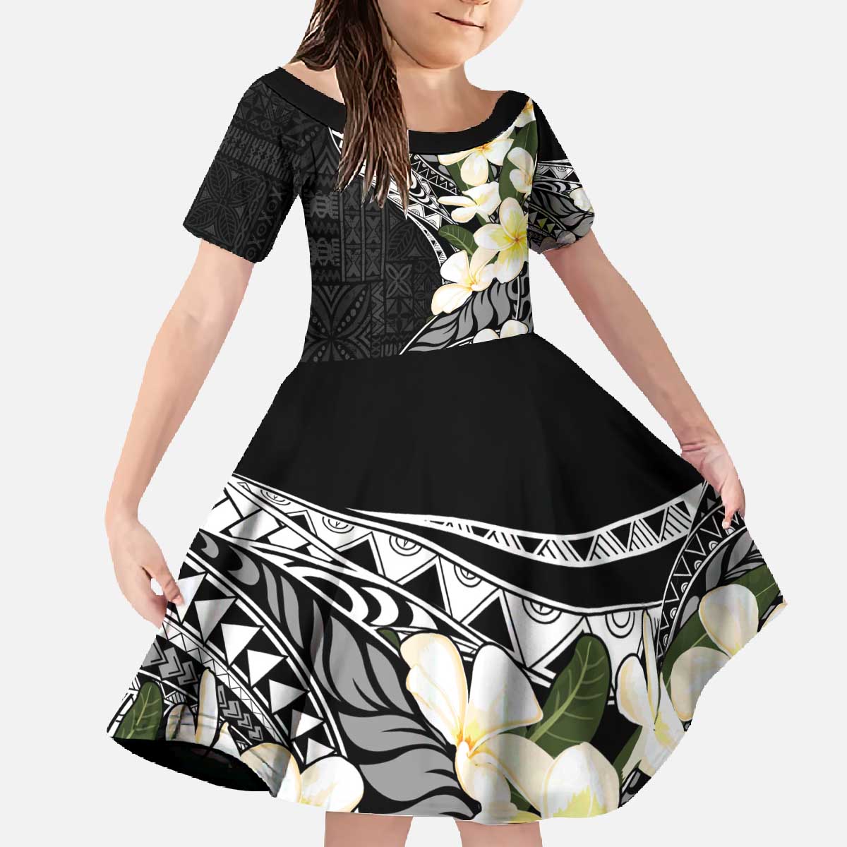 Aloha Hawaii Festive Family Matching Off The Shoulder Long Sleeve Dress and Hawaiian Shirt Frangipani Lace Classic LT7 Daughter's Dress Black - Polynesian Pride