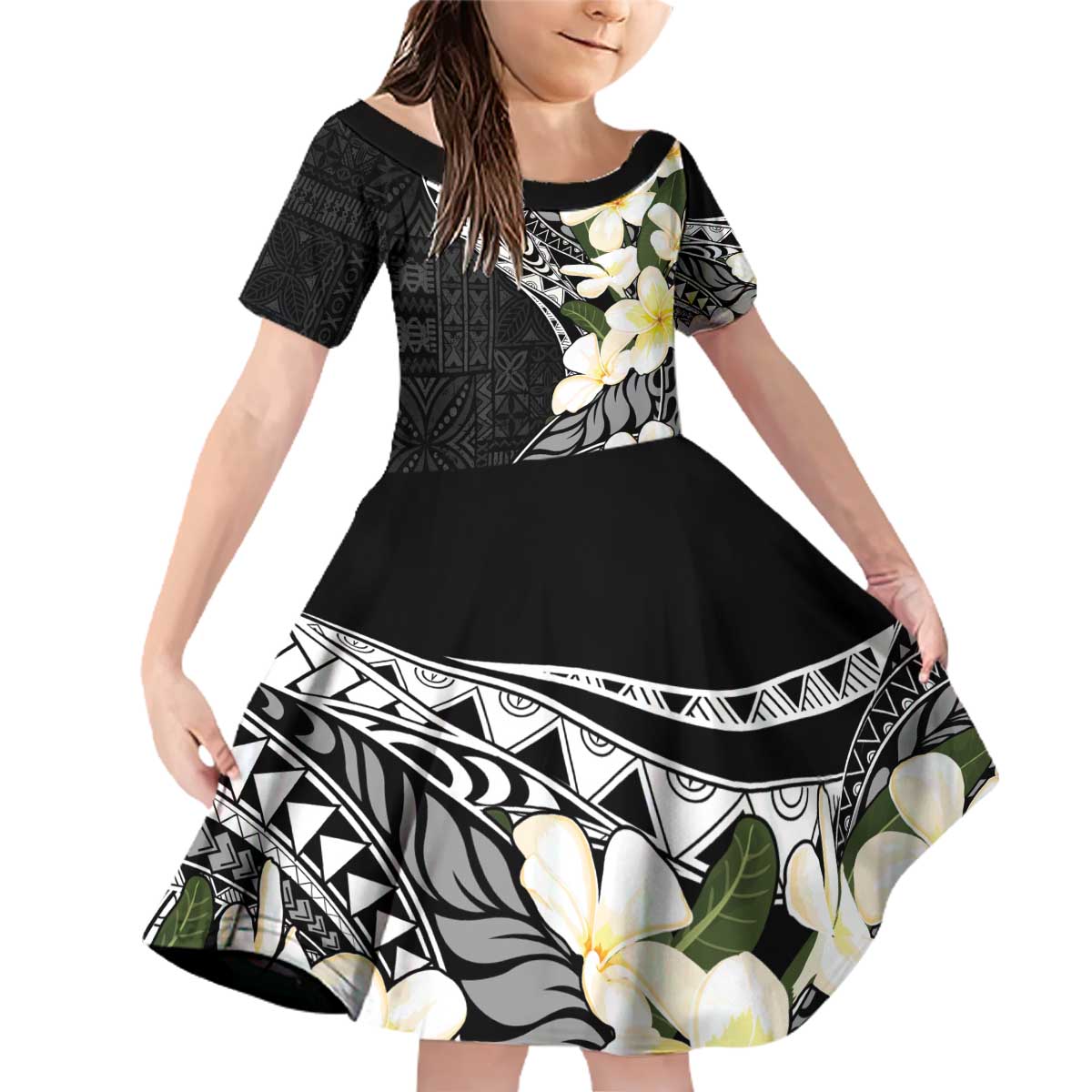 Aloha Hawaii Festive Family Matching Off Shoulder Short Dress and Hawaiian Shirt Frangipani Lace Classic LT7 Daughter's Dress Black - Polynesian Pride