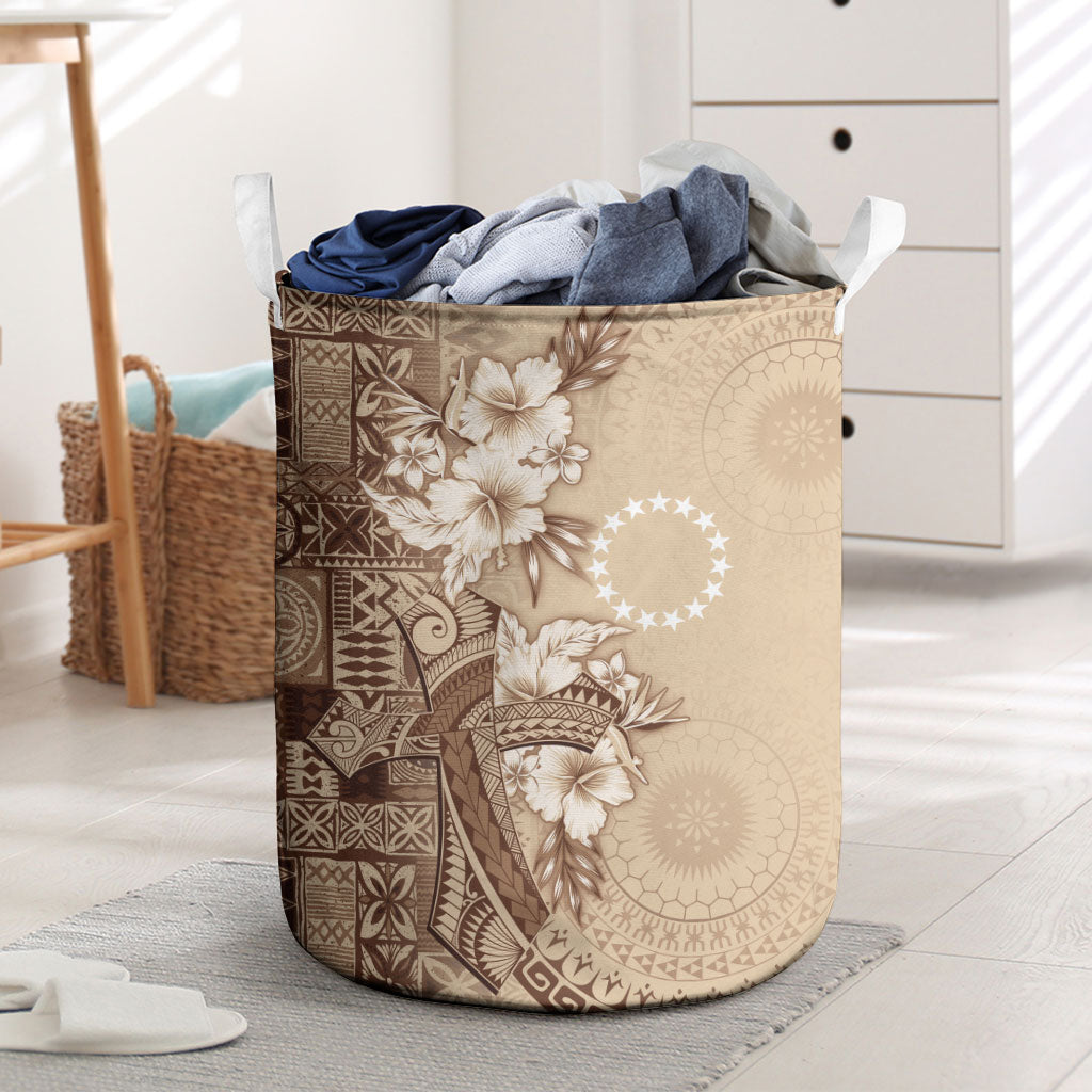 Kia Orana Cook Islands Tapa Floral With Cross Laundry Basket Beige