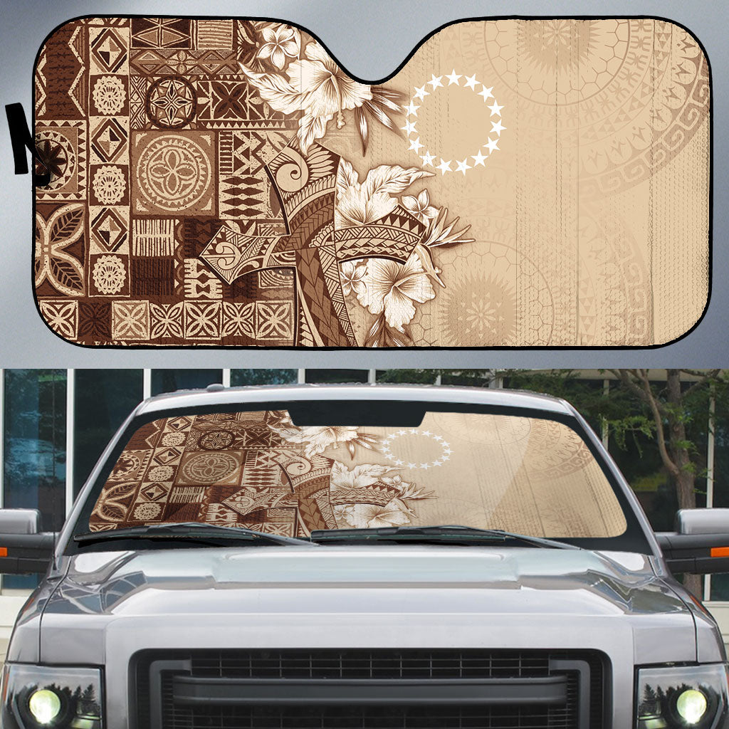 Kia Orana Cook Islands Tapa Floral With Cross Auto Sun Shade Beige