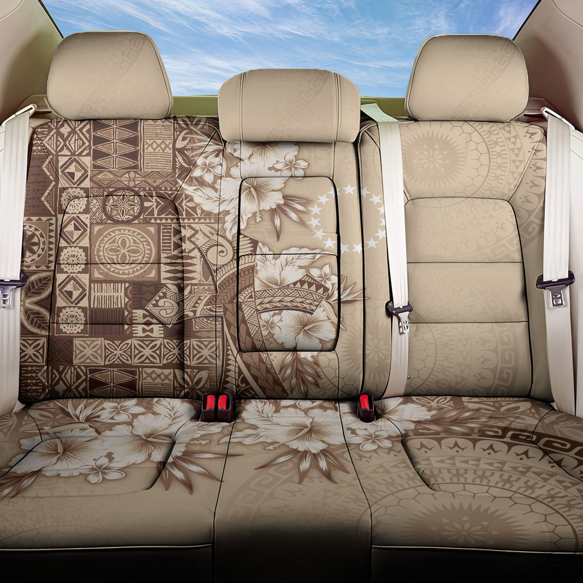 Kia Orana Cook Islands Tapa Floral With Cross Back Car Seat Cover Beige LT7 One Size Beige - Polynesian Pride