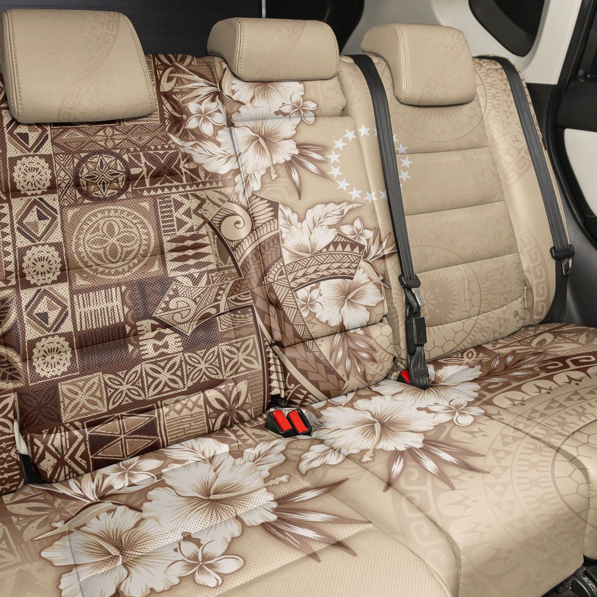 Kia Orana Cook Islands Tapa Floral With Cross Back Car Seat Cover Beige LT7 - Polynesian Pride