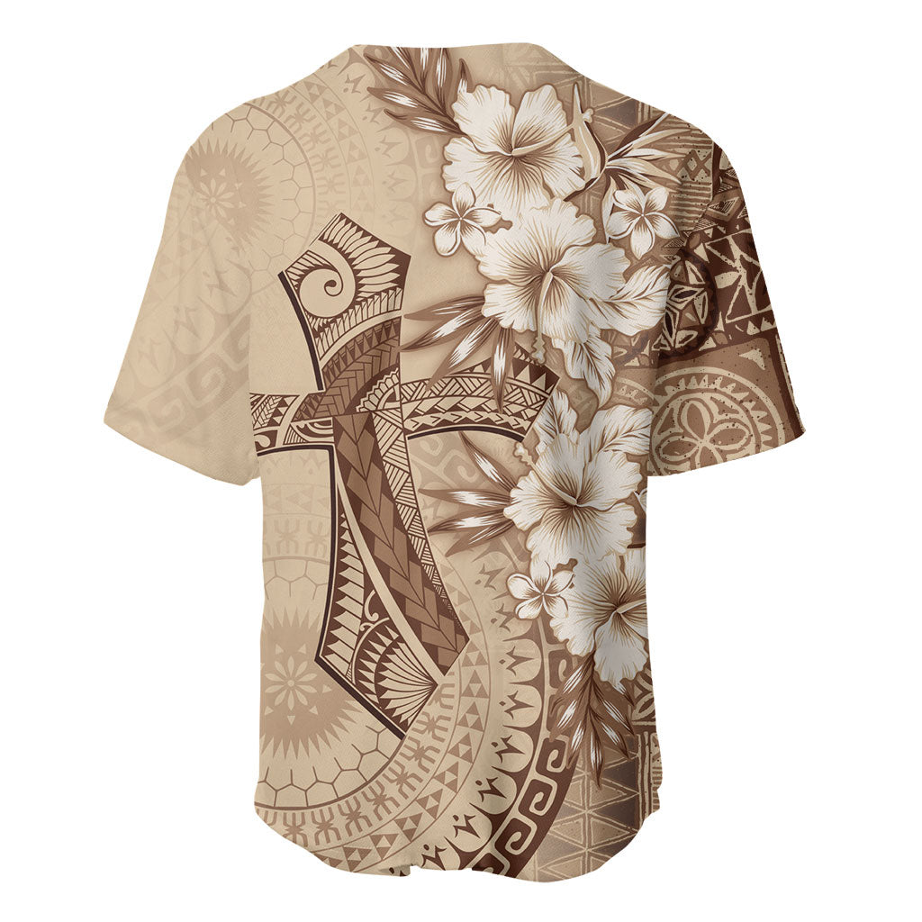 Kia Orana Cook Islands Tapa Floral With Cross Baseball Jersey Beige LT7 - Polynesian Pride