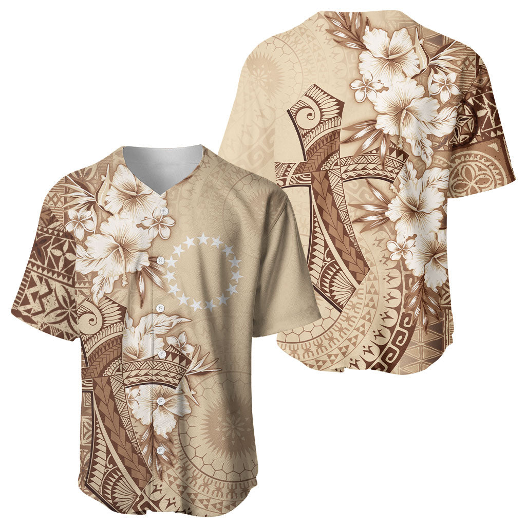 Kia Orana Cook Islands Tapa Floral With Cross Baseball Jersey Beige LT7 - Polynesian Pride