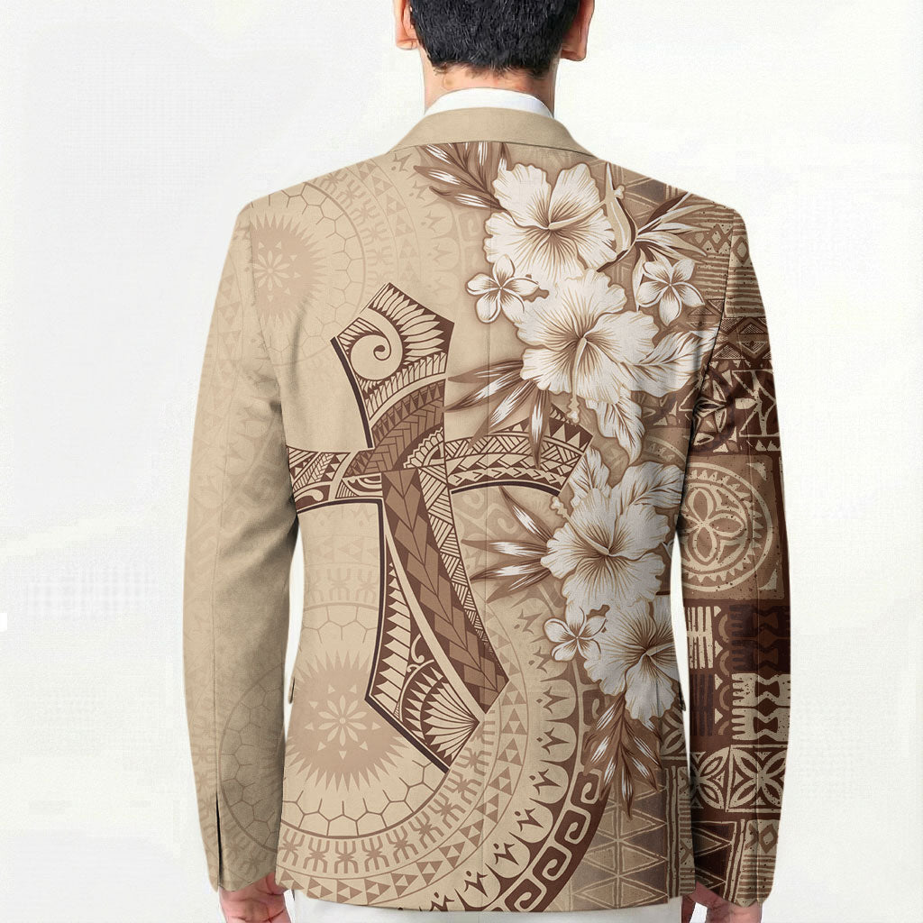 Kia Orana Cook Islands Tapa Floral With Cross Blazer Beige