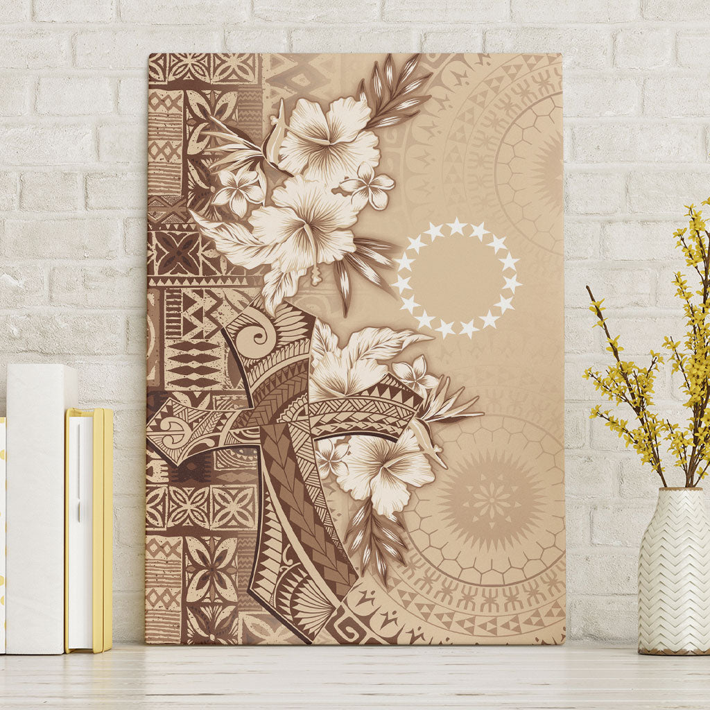 Kia Orana Cook Islands Tapa Floral With Cross Canvas Wall Art Beige