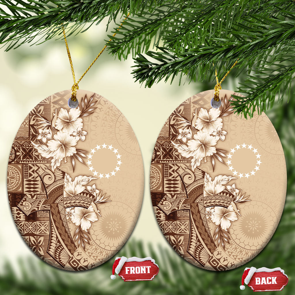 Kia Orana Cook Islands Tapa Floral With Cross Ceramic Ornament Beige LT7 Oval Beige - Polynesian Pride