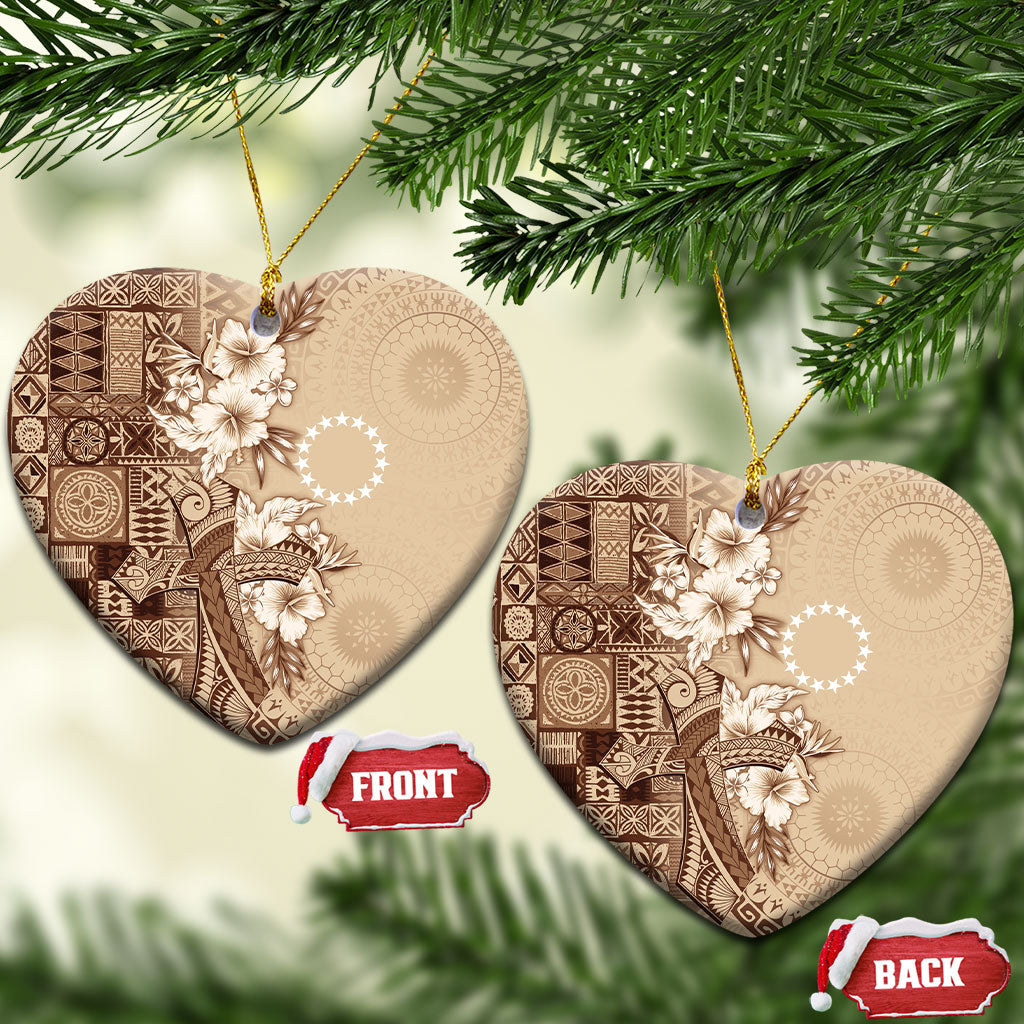 Kia Orana Cook Islands Tapa Floral With Cross Ceramic Ornament Beige LT7 Heart Beige - Polynesian Pride