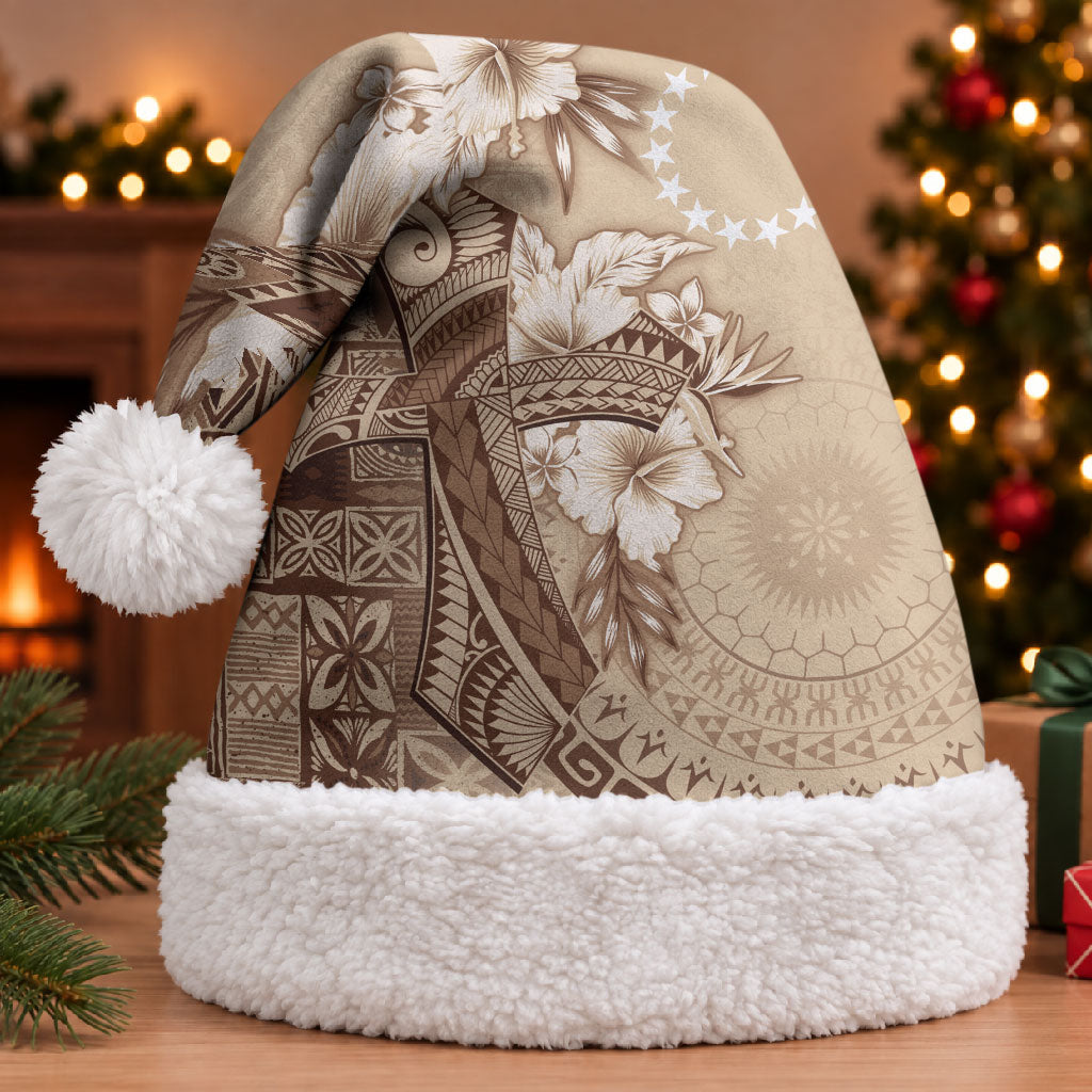 Kia Orana Cook Islands Tapa Floral With Cross Christmas Santa Hat Beige LT7 With Fur Beige - Polynesian Pride