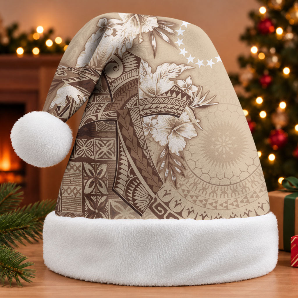 Kia Orana Cook Islands Tapa Floral With Cross Christmas Santa Hat Beige LT7 Without Fur Beige - Polynesian Pride