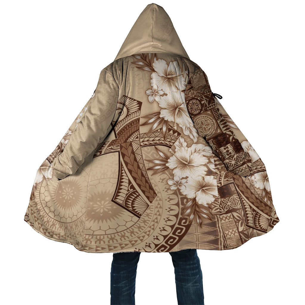 Kia Orana Cook Islands Tapa Floral With Cross Cloak Beige LT7 Unisex Beige - Polynesian Pride