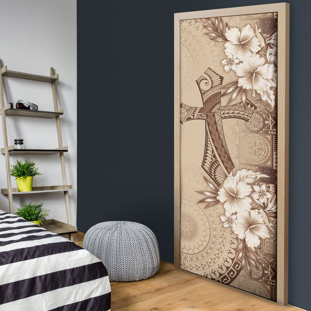 Kia Orana Cook Islands Tapa Floral With Cross Door Cover Beige LT7 - Polynesian Pride