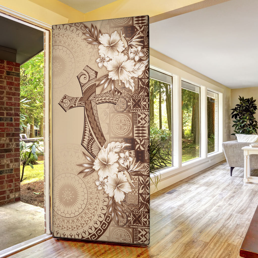 Kia Orana Cook Islands Tapa Floral With Cross Door Cover Beige LT7 - Polynesian Pride