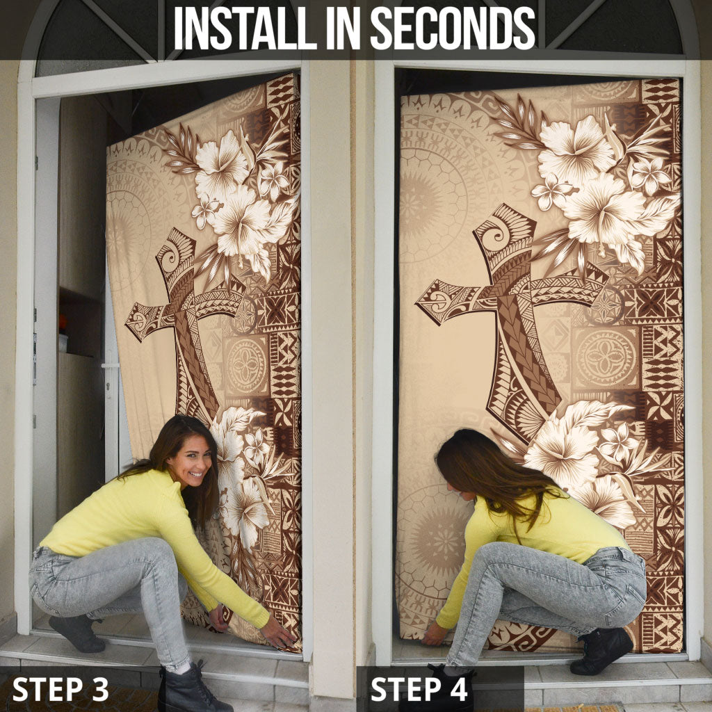 Kia Orana Cook Islands Tapa Floral With Cross Door Cover Beige LT7 - Polynesian Pride