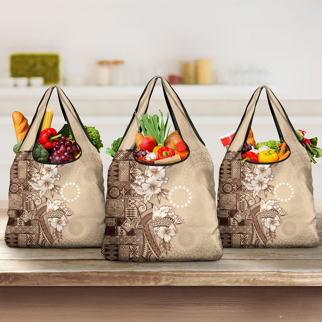 Kia Orana Cook Islands Tapa Floral With Cross Grocery Bag Beige LT7 3-pack One Size Beige - Polynesian Pride