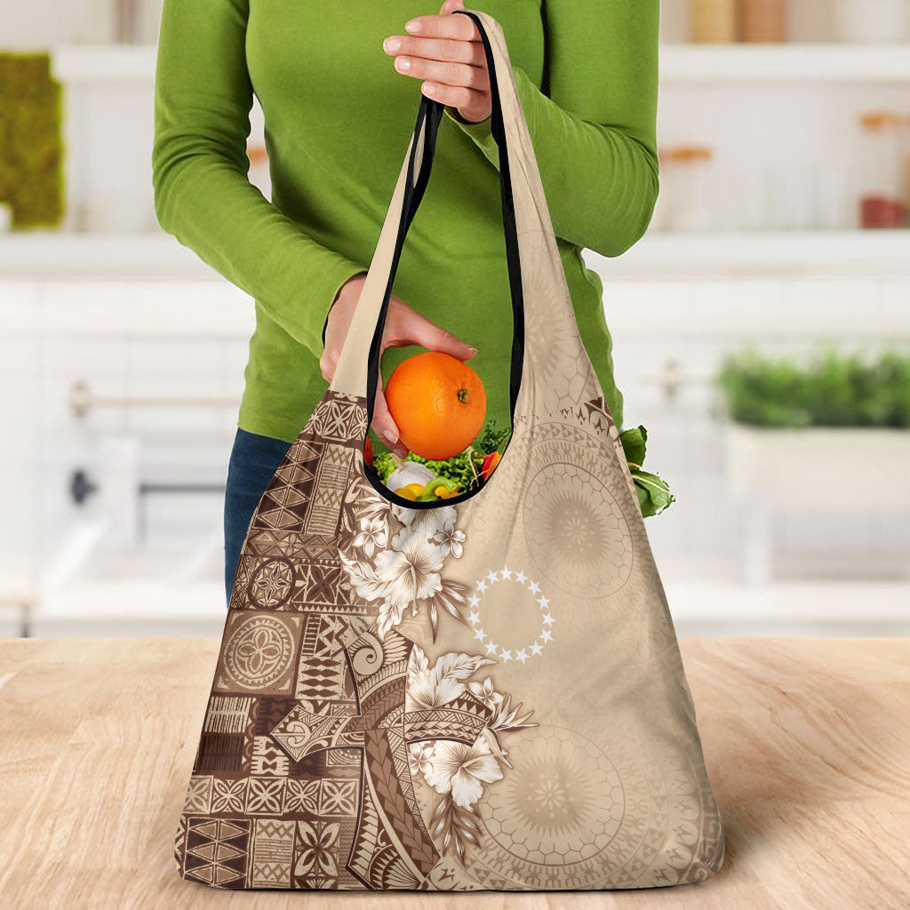 Kia Orana Cook Islands Tapa Floral With Cross Grocery Bag Beige LT7 - Polynesian Pride