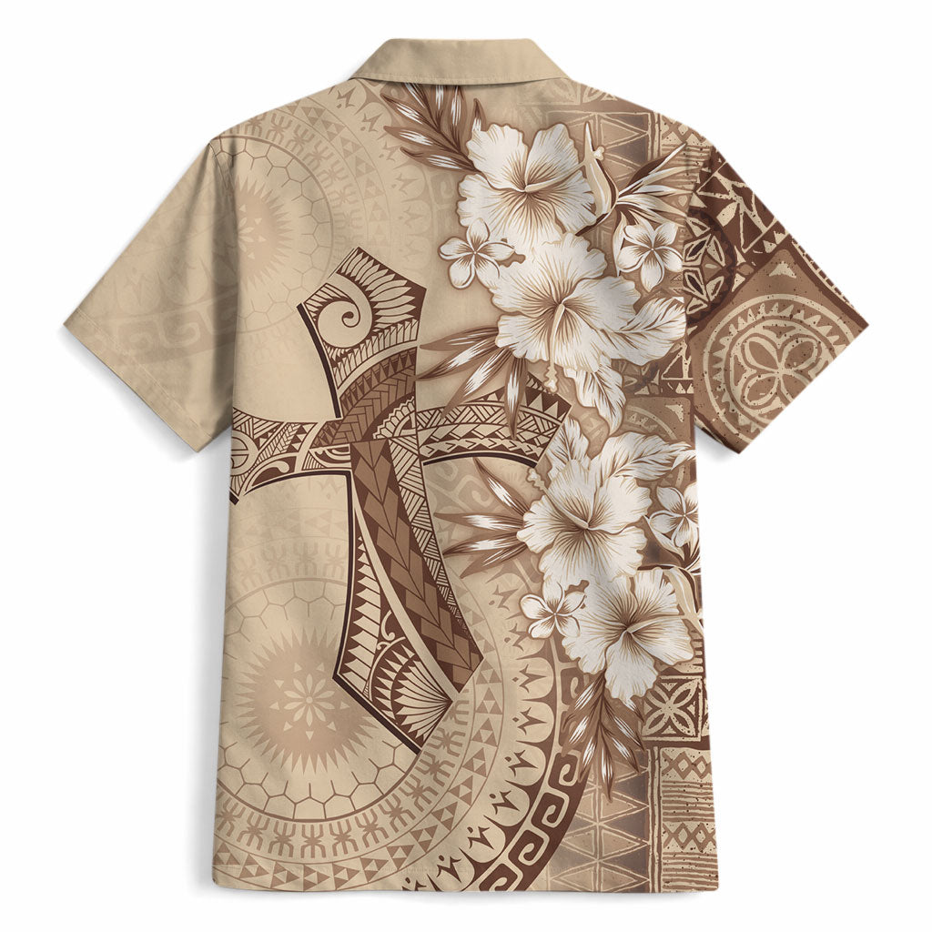 Kia Orana Cook Islands Tapa Floral With Cross Hawaiian Shirt Beige LT7 - Polynesian Pride