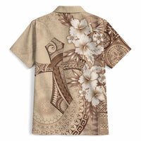 Kia Orana Cook Islands Tapa Floral With Cross Hawaiian Shirt Beige LT7 - Polynesian Pride
