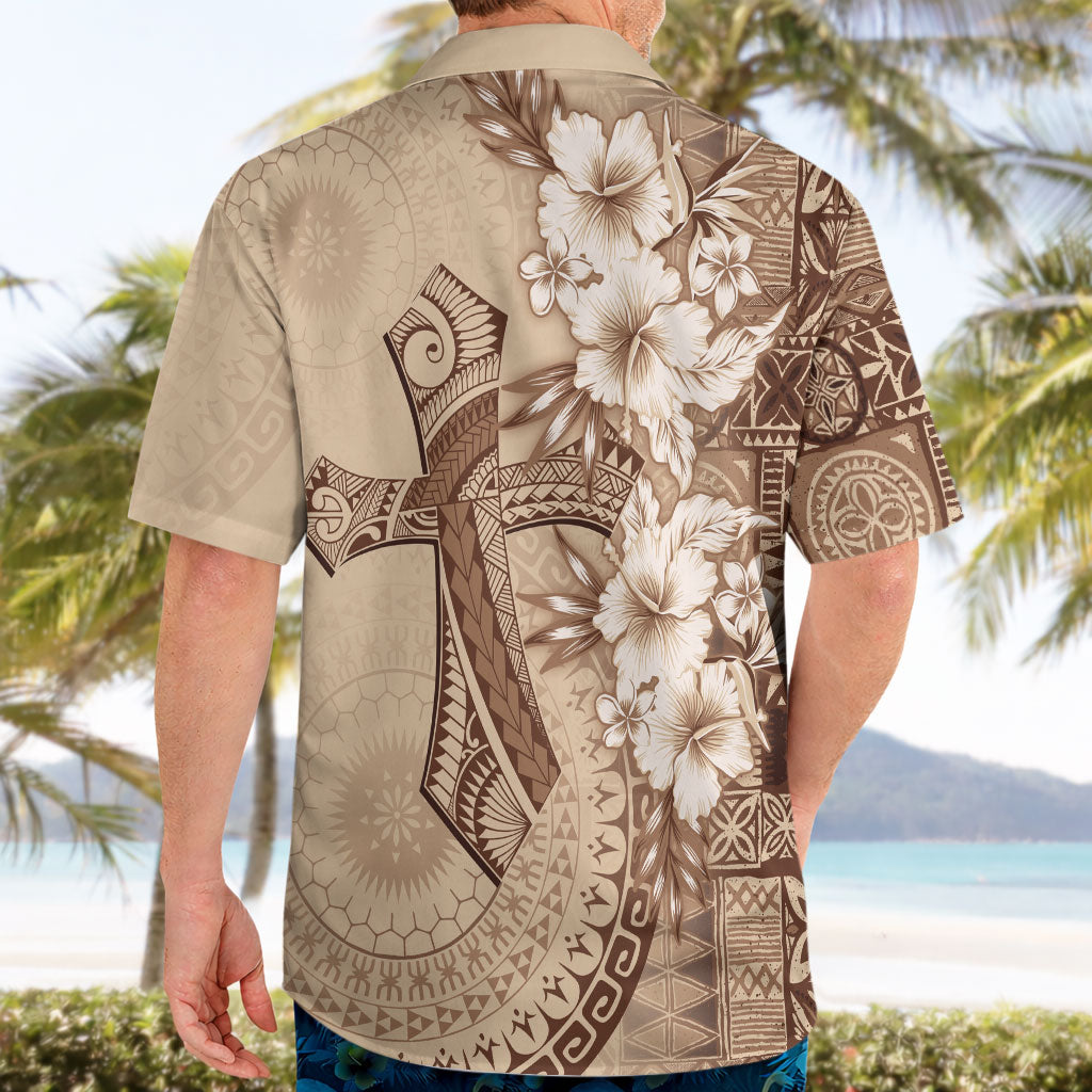 Kia Orana Cook Islands Tapa Floral With Cross Hawaiian Shirt Beige LT7 - Polynesian Pride