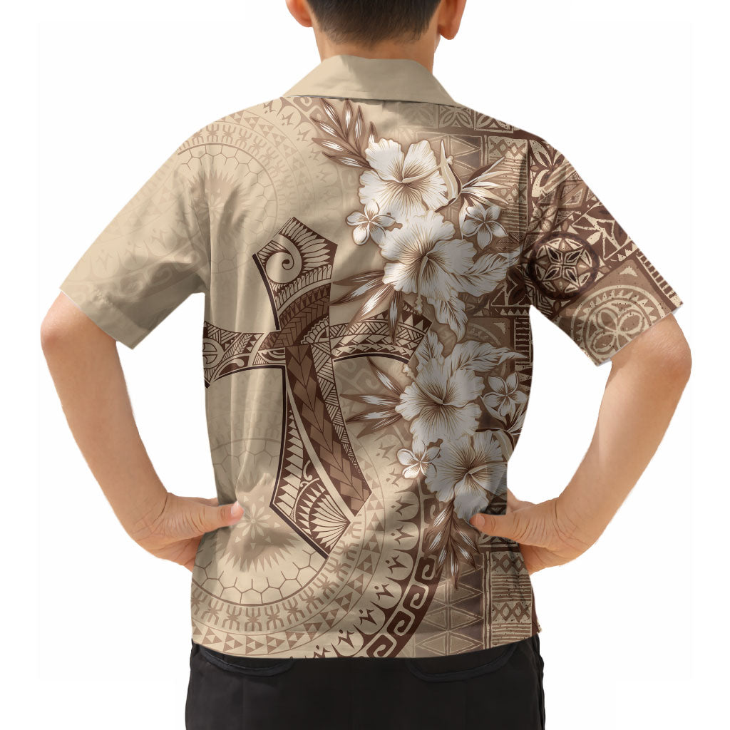 Kia Orana Cook Islands Tapa Floral With Cross Hawaiian Shirt Beige LT7 - Polynesian Pride
