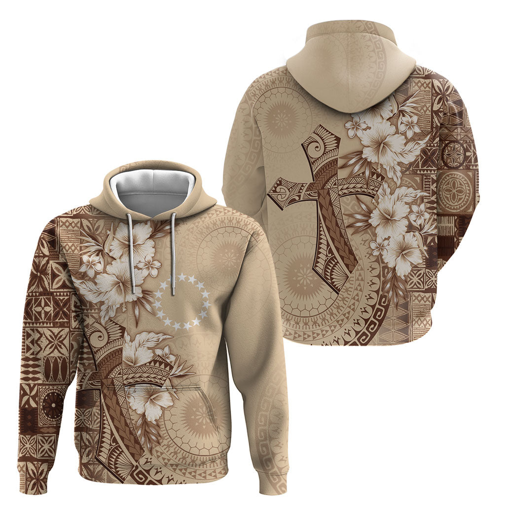 Kia Orana Cook Islands Tapa Floral With Cross Hoodie Beige LT7 - Polynesian Pride