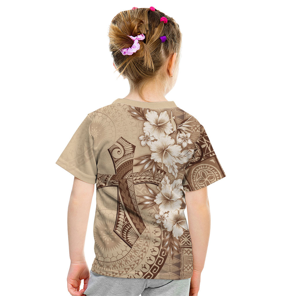 Kia Orana Cook Islands Tapa Floral With Cross Kid T Shirt Beige LT7 - Polynesian Pride