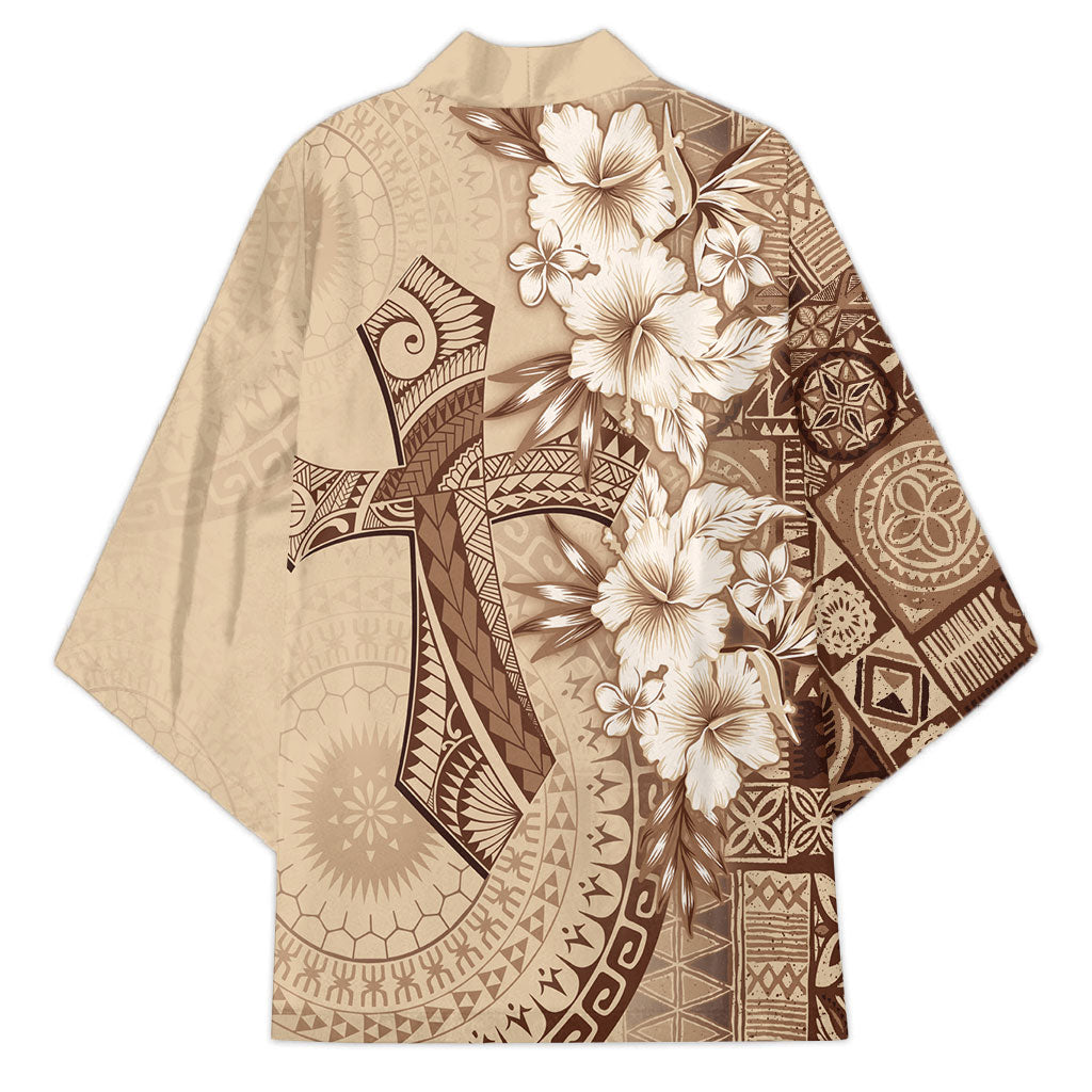 Kia Orana Cook Islands Tapa Floral With Cross Kimono Beige