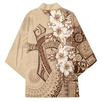 Kia Orana Cook Islands Tapa Floral With Cross Kimono Beige