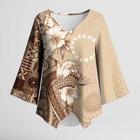 Kia Orana Cook Islands Tapa Floral With Cross Kimono Sleeve Blouse Beige LT7 Female Beige - Polynesian Pride