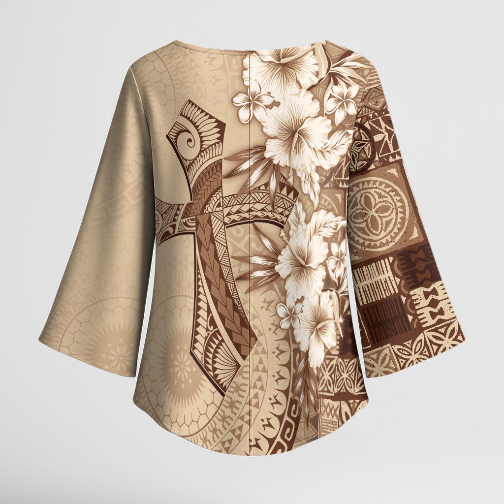 Kia Orana Cook Islands Tapa Floral With Cross Kimono Sleeve Blouse Beige LT7 - Polynesian Pride
