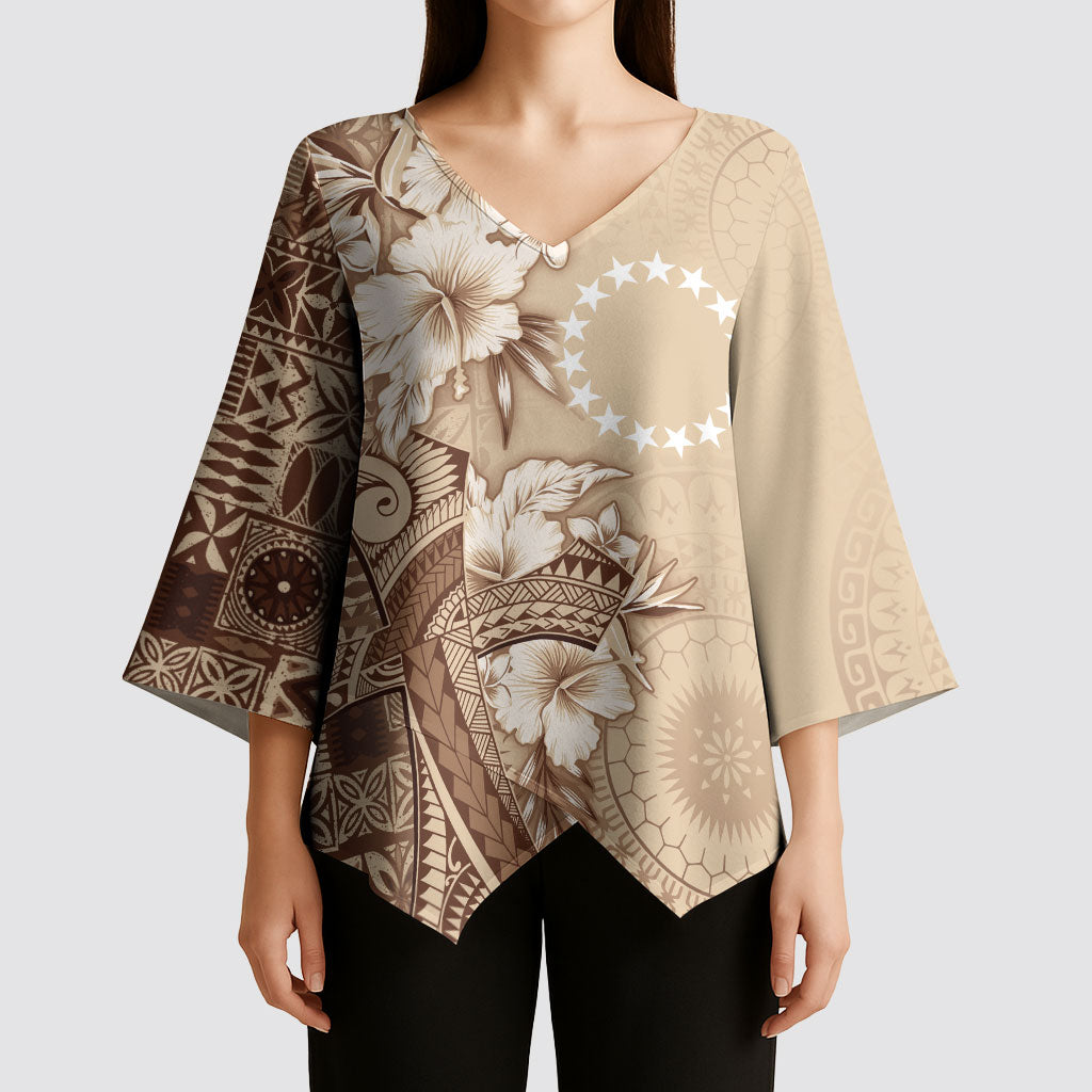 Kia Orana Cook Islands Tapa Floral With Cross Kimono Sleeve Blouse Beige LT7 - Polynesian Pride