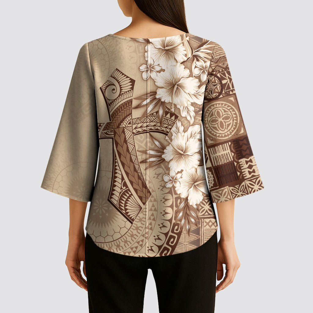 Kia Orana Cook Islands Tapa Floral With Cross Kimono Sleeve Blouse Beige LT7 - Polynesian Pride