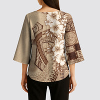 Kia Orana Cook Islands Tapa Floral With Cross Kimono Sleeve Blouse Beige LT7 - Polynesian Pride