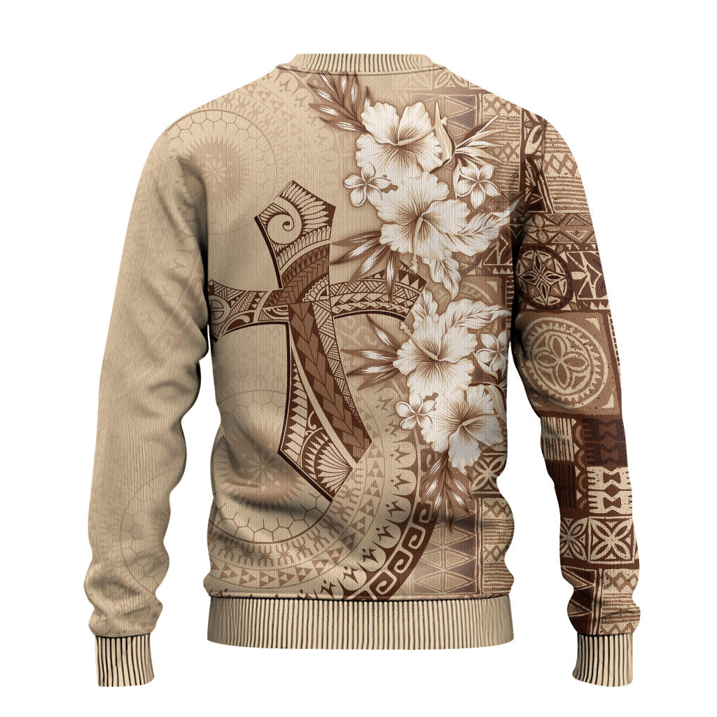 Kia Orana Cook Islands Tapa Floral With Cross Ugly Christmas Sweater Beige LT7 - Polynesian Pride