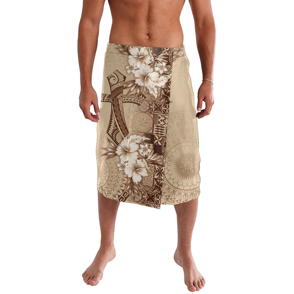 Kia Orana Cook Islands Tapa Floral With Cross Lavalava Beige