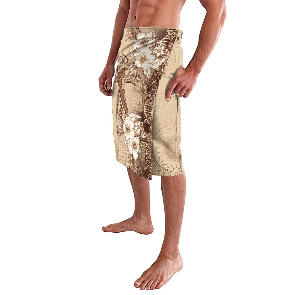 Kia Orana Cook Islands Tapa Floral With Cross Lavalava Beige